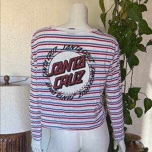 Santa Cruz Skateboards White Red Blue Striped Cropped Long Sleeve Graphic Top